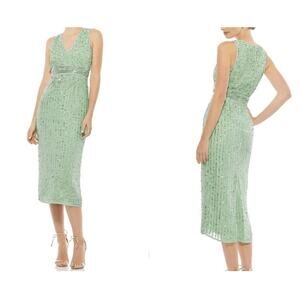 Mac Duggal Sage Green Full Bead Sequin Midi Dress Size 6 NEW #93606 Wedding Prom